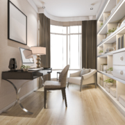 2020 home office trends built in shelves and layered lighting