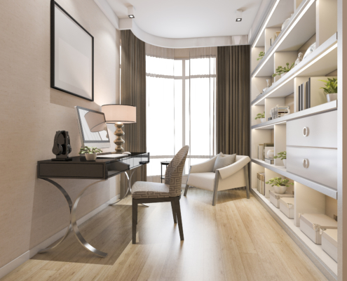 2020 home office trends built in shelves and layered lighting